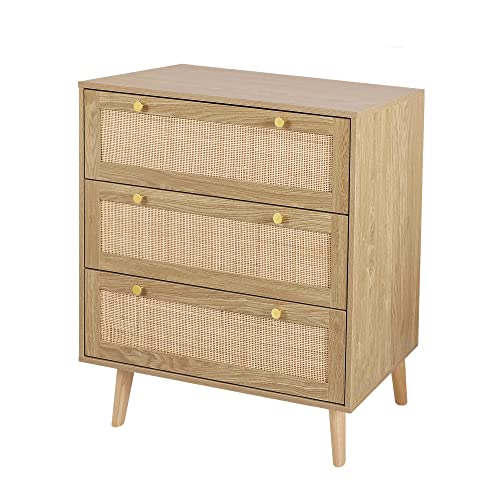Anmytek 3 Drawer Dresser for Bedroom, Rattan Dresser Modern Wood Chest of Drawers with Spacious Storage for Bedroom Hallway Living Room, Rustic Oak, H0027 Anmytek