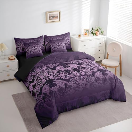 Feelyou Adults Gothic Damask Print Bedding Set Purple Goth Bat Victorian Floral Comforter Set 7 Pieces Comforters Full Size Boho Bohemian Exotic Bed in a Bag Feelyou