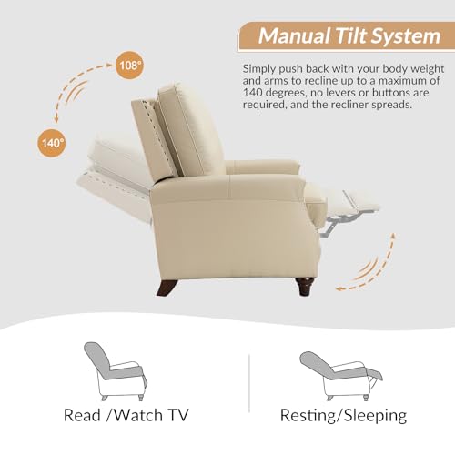 HULALA HOME Genuine Leather Manual Recliner Chair with Adjustable Backrest & Footrest, Mid Century Modern Push Back Recliner with Nailhead Trim & Wood Legs-for Living Room Home Theater， Beige