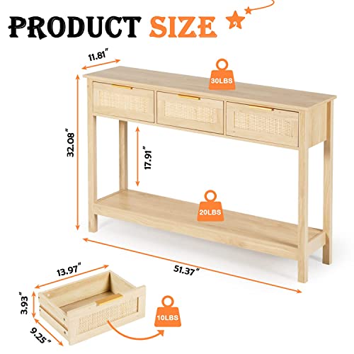 LAZZO Rattan Console Table Boho Entryway Table Narrow Long Sofa Table Hallway Foyer Table Behind Couch Table with 3 Drawers and Open Storage Shelf for Living Room and Corridor Natural Wood LAZZO