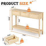 LAZZO Rattan Console Table Boho Entryway Table Narrow Long Sofa Table Hallway Foyer Table Behind Couch Table with 3 Drawers and Open Storage Shelf for Living Room and Corridor Natural Wood LAZZO