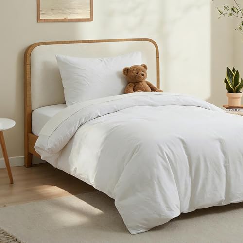 LOVQUE 100% Washed Cotton Duvet Cover Twin Size, Linen-Like Textured White Fade-Resistant Natural Bedding Set (No Comforter), 68x90 Inches LOVQUE