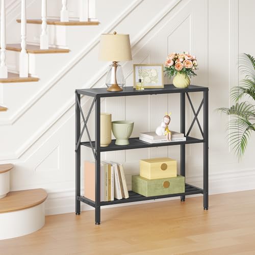 Hoctieon Industrial Console Table, 3-Tier Entryway Table, Metal Frame, Sofa Tables with Shelf, Hallway Desk, Entrance Desk for Entryway, Living Room, Foyer, Hallway, Black Hoctieon