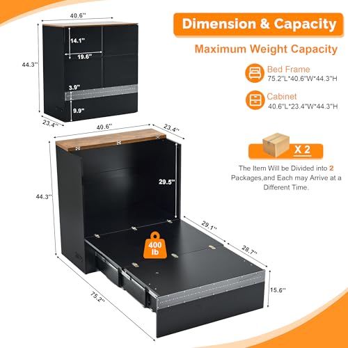 VINGLI Twin Size Murphy Bed with Storage Drawer,Smart LED Lighting & Built-in Charging Station, Space-Saving Cabinet Bed for Kids,Adults & Guests,Classic Black VINGLI