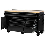 Husky 61 in. W 23 in. D 10-Drawer 1-Door Mobile Workbench with Solid Wood Top and Flip-Up Pegboard in Textured Black HuskyTool