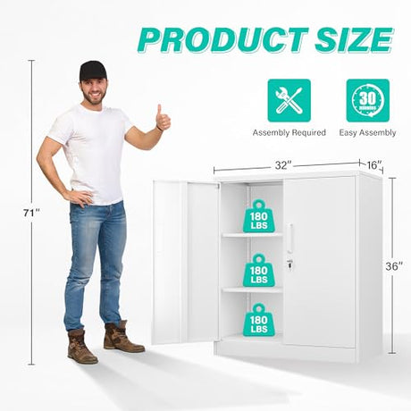 SISESOL White Metal Storage Cabinet with Doors and Shelves,36 inch Small Metal Cabinet with Lock,Short Garage Storage Cabinets,Locking Steel Cupboard for Home,Office,Kitchen,Garages SISESOL