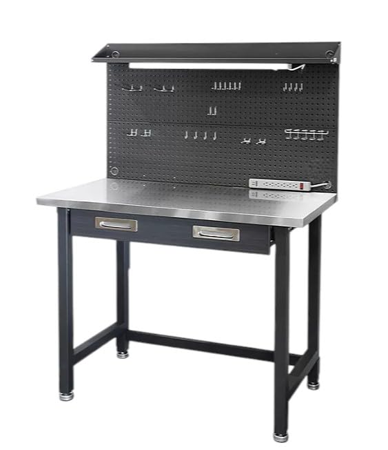 Heavy Duty Lighted Workbench with Pegboard, 48W x 24D x 65.5H inches (Graphite, Stainless Steel Top) - WoodArtSupply