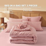 Laojin Balhen Twin Comforter Set 5 Pieces, Pink Seersucker Bed in a Bag Set Twin Size, All Season Luxury Bedding Sets with Comforter, Sheets, Pillowcase & Sham Laojin Balhen