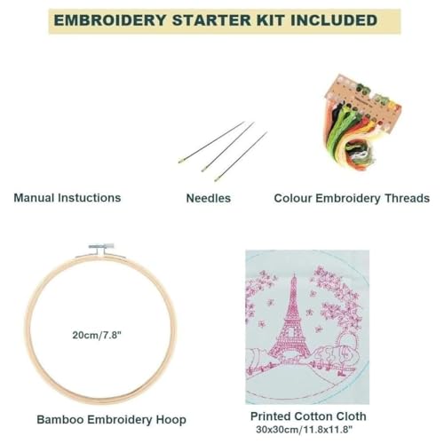 Arte Vita Embroidery Starter Kit Pink Pattern Full Range DIY Beginner Hand Stitch Set Including Stamped Cloth, Bamboo Hoop, Color Threads, Needles, Nature Cherry Blosson Tree
