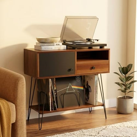 Large Mid Century Modern Record Player Stand with Vinyl Storage Holds Up to 200 Albums - Walnut Console Table for Turntables, Living Room, and Entryway | Record Player Table MAISON LEON