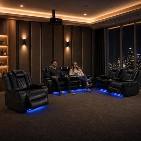 Power Reclining Sectional Sofa for Living Room, 3 Pieces Leather Recliner Sofa Set with USB Ports, LED Light, Wireless Charger & Storage Console, Living Room Furniture Sets with Home Theater Seating Puduvir