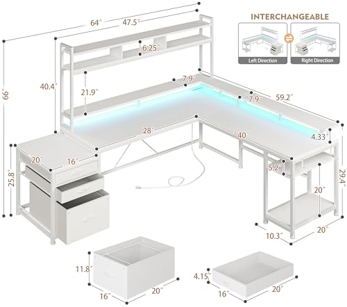 EnHomee Computer Desk with Drawers 66" Reversible Gaming Computer Desk with LED Light & Power Outlets White L Shaped Gaming Desk with Monitor Stand & Shelves Home Office Desks for Gaming Room - WoodArtSupply