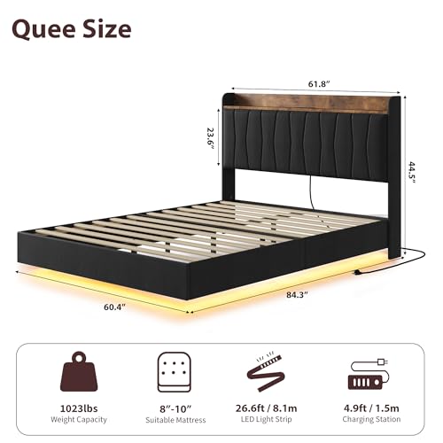 GarveeHome Floating Bed Frame Queen with LED Lights & USB Charging Station – Modern Upholstered Platform Bed with Headboard, Solid Wood Slats Support, No Box Spring, Easy Assembly, Noise-Free, Black GarveeHome