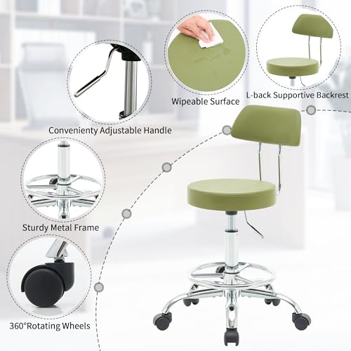 FIRAVOE Drafting Chair (Work Stool with Back)(Swivel Shop Stool 19.5"-26.6") Adjustable Height and Footrest Ergonomic Office Chair (Green) FIRAVOE