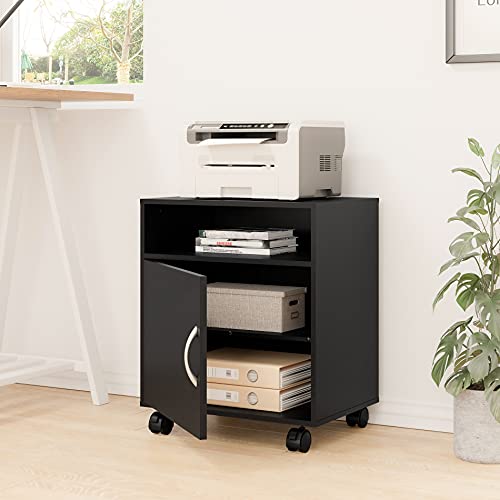 FITUEYES Mobile Printer Stand with Adjustable Storage Shelves, Wood Printer Cabinet with Door, Black Work Cart on Wheels for Home Office, 18.9" W x 13.8" D x 22.4" H