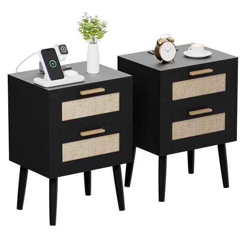 Ltysh Nightstand with Charging Station,2 Set Rattan Night Stand with Solid Wood Legs, Bedside Table with USB Ports & Outlets Bed Side Table,End Table for Bedroom,Living Room(Black-Set 2) Ltysh