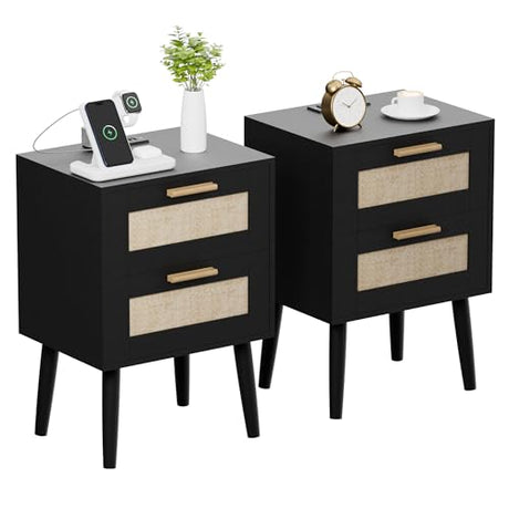 Ltysh Nightstand with Charging Station,2 Set Rattan Night Stand with Solid Wood Legs, Bedside Table with USB Ports & Outlets Bed Side Table,End Table for Bedroom,Living Room(Black-Set 2) Ltysh