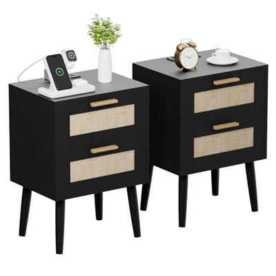 Ltysh Nightstand with Charging Station,2 Set Rattan Night Stand with Solid Wood Legs, Bedside Table with USB Ports & Outlets Bed Side Table,End Table for Bedroom,Living Room(Black-Set 2)