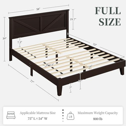 Yaheetech Wood Bed, Rubber Wood Platform Bed Frame with Headboard/Wood Slats, Farmhouse Style, No Box Spring Needed, Mattress Foundation, Noise-Free, Easy Assembly, Full Size, Espresso