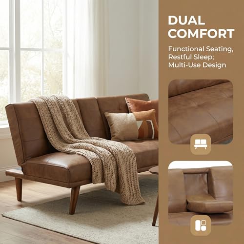 Anwick 66" Futon Sofa Bed with Cup Holders, Modern Brown Leather Loveseat for Living Room, Convertible 2 Seater Sleeper Sofa Couch for Small Compact, Office, Apartment Anwick