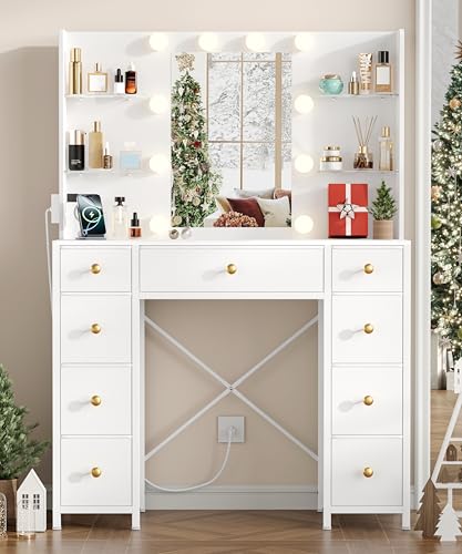 Akxomel Vanity Desk with Mirror and Lights, White Makeup Vanity Table with with Power Outlet, 13.8" D x 37.4" W x 55.1" H, Storage Drawers, Compact Modern Vanity Desk for Bedroom, for Girls, Women Akxomel