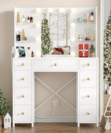 Akxomel Vanity Desk with Mirror and Lights, White Makeup Vanity Table with with Power Outlet, 13.8" D x 37.4" W x 55.1" H, Storage Drawers, Compact Modern Vanity Desk for Bedroom, for Girls, Women Akxomel