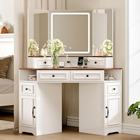 GRUTEUNIT Corner Vanity Desk with Mirror and Lights,Makeup Vanities with Power Outlet and 6 Drawers, 3 Light Settings, Dimmable for Women Girls, Bedroom, White GRUTEUNIT