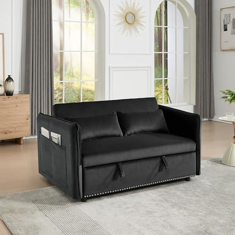 HKXINANJIAHE 3 in 1 Convertible Sleeper Futon Sofa Bed, Velvet Small Loveseat with Reclining Backrest and Side Pockets for Living Room, Includes 2 Pillows HKXINANJIAHE