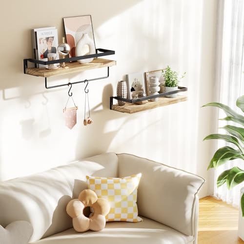 AMADA HOMEFURNISHING Bathroom Shelves with Towel Bar, Floating Shelves, Wall Shelves for Bathroom/Living Room/Kitchen/Bedroom, Light Brown Shelves Set of 2 - AMFS01 AMADA HOMEFURNISHING