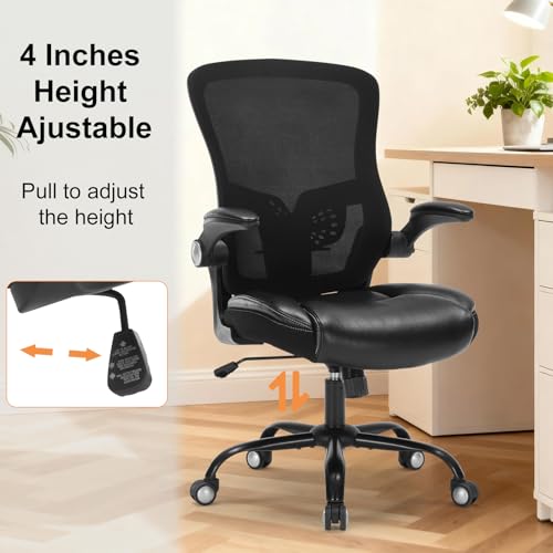 Ergonomic Office Chair, PU Leather Ergonomic Desk Chair with Mesh Back Adjustable Lumbar Support Home Gmaing Desk Chair with Wheels and Flip-Up Armrests, 360°Swivel, Tilt Lock and Wide Cushion-400LBS ZLHECTO