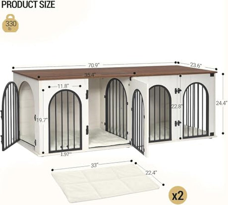 Hzuaneri 71" Dog Crate Furniture for 2 Dogs, Heavy Duty Indoor Dog Kennel TV Stand, XL Wooden Dog Cage with Divider for Medium Large Dogs, End Table Dog Crate with Cushion, White Brown DFC81914B Hzuaneri