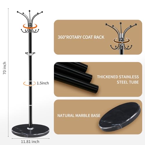 LOZABEE Metal Heavy Duty Coat Rack Stand, Modern Freestanding Coat Rack with Natural Marble Base, 360° Roraty Coat Racks with 14 Hooks, Black Coat Hall Tree Hanger Stand for Entryway, Office LOZABEE
