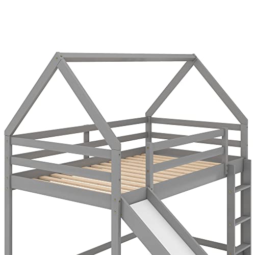 MERITLINE Twin Over Twin House Bunk Beds with Slide, Low Floor Bunk Bed for Kids, Girls, Boys,Grey MERITLINE