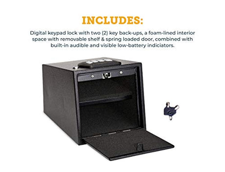 SnapSafe 2 Gun Keypad Vault - Keypad Handgun Vault Safe w/ 2 Compartments for Pistols and Valuables - 4-6 Keypad Entry w/Backup Keys - Black, Measures 12.7 (H) x 9 (W) x 8.8 (D) Inches - Item 75430 SnapSafe