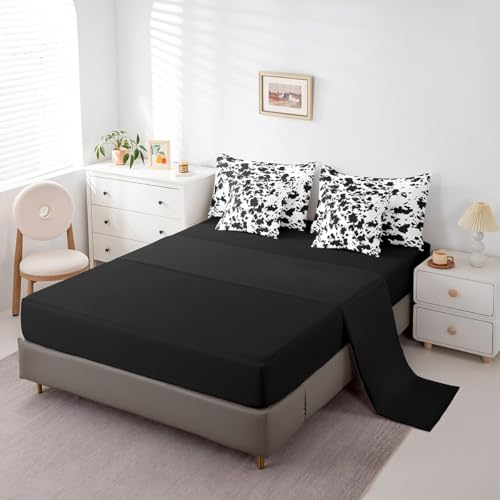 Erosebridal Cow Print 7 Piece Bed in a Bag King,Milk Cow Cattle Bedding Set Bed Sheets for Kids Teens Adults,Wild Animal Farmhouse Comforter Set,Black White Bull Cowhide Sheet Set with Comforter Erosebridal
