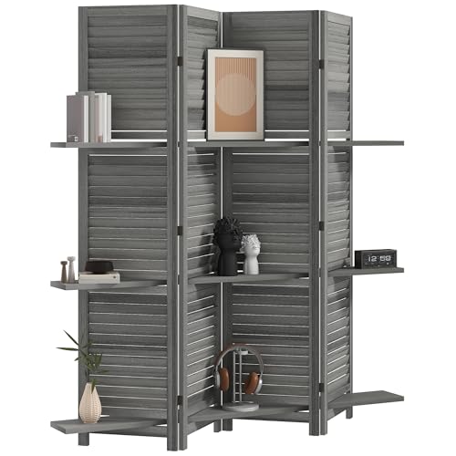 HOMCOM Room Divider, 4 Panel 67" Tall Wood Privacy Screen with 3 Display Shelves, and Folding Storage for Bedroom or Home Office, Gray HOMCOM
