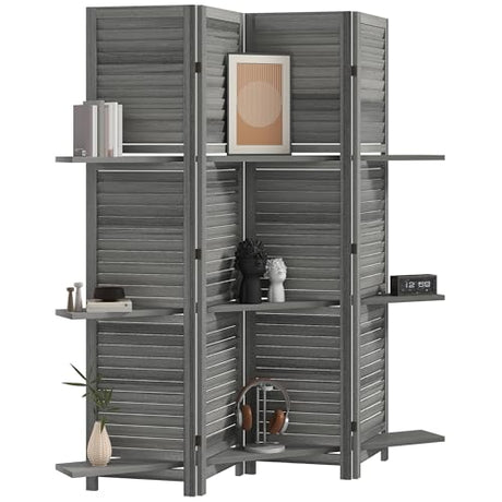 HOMCOM Room Divider, 4 Panel 67" Tall Wood Privacy Screen with 3 Display Shelves, and Folding Storage for Bedroom or Home Office, Gray HOMCOM