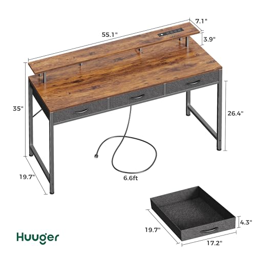 Huuger 55 inch Computer Desk with 3 Drawers, Office Desk Gaming Desk with LED Lights & Power Outlets, Home Office Desks with Storage Space for Bedroom, Work from Home, Rustic Brown - WoodArtSupply