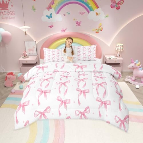 Erosebridal Cute Pink Bow Twin Bedding Set for Girls,Ribbon Bow Knot Comforter Set for Kids Kawaii Room Decor,Princess Bowknot Bed Set Girly Pink Bows Bedding Comforter Sets,1 Pillowcase Erosebridal