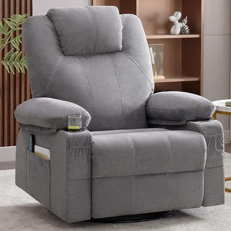 Weture Swivel Rocker Recliner Chair with Heat and Massage, Big Oversized Rocking Single Sofa for Living Room, 360 Degree Swivel Recliner Chair with Cup Holders and USB Port (Fabric, Grey) Weture