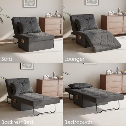 DSNAPE Convertible Sofa Bed with 5-Level Adjustable Backrest, 74" D x 37" W 4-in-1 Folding Ottoman Sleeper Chair Bed, Modern Single Futon Couch for Living Room Apartment Dorm Small Space, Dark Grey DSNAPE