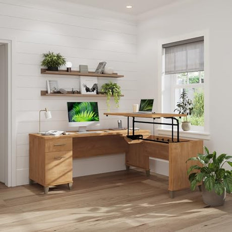 Bush Furniture Somerset 72W 3 Position Sit to Stand Adjustable Standing L Shaped Desk in Maple Cross, Ergonomic Corner Computer Office Table Bush Home
