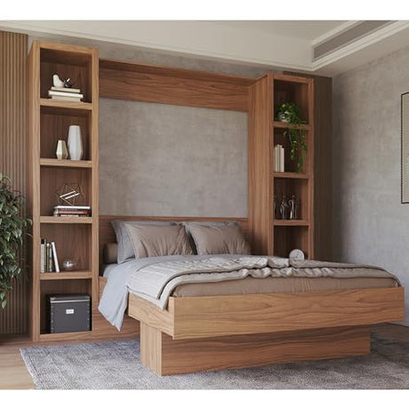 Oakland Living Easy-Lift Queen Murphy Wall Bed in Brown Wood Grain with Two Bookshelves Oakland Living