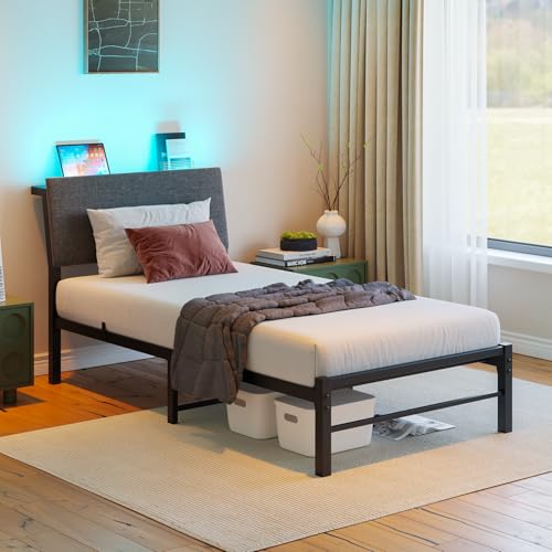 VECOCHO Twin Bed Frame with Storage Headboard,Heavy Duty Metal Platform Bed Frame Twin with Charging Station and LED Lights,Ergonomic Upholstered Single Bed No Box Spring Needed,Noise-Free Slats,Black VECOCHO