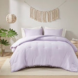 Codi Lavender Purple Full/Queen Comforter Set - Boho Aesthetic Bedding with Luxurious Pom Fringe, Soft Washed Microfiber 3pc Set, Couple-Friendly Lightweight Design, 1 Comforter & 2 Pillow Shams Codi
