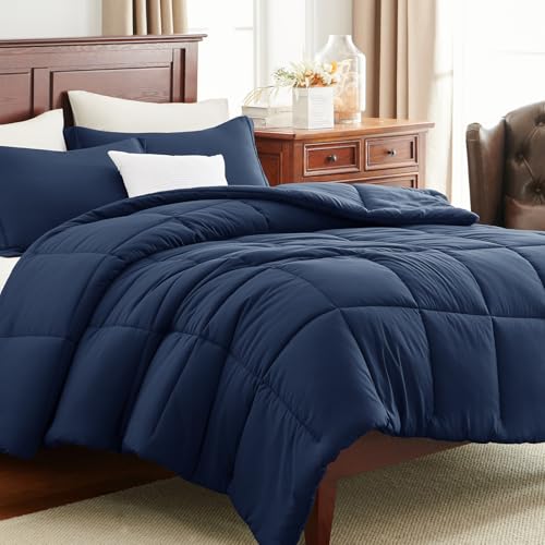 CozyLux Full Size Comforter Sets - Navy Blue Comforter Full Size, 3 Pieces Box Stitched Bed Set for All Seasons, Soft Lightweight Bedding Sets with 1 Down Alternative Comforter and 2 Pillow Shams CozyLux