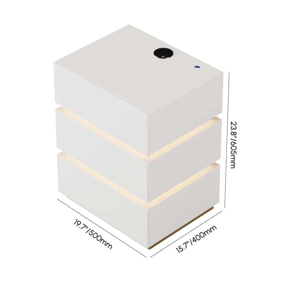 homary Modern Smart Nightstand with Wireless Charging Station, Bedside Table with 3 Drawers, White Night Stand with LED Light homary