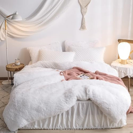 HAIHUA Faux Fur White Comforter Cover Twin Set, Fuzzy White Twin Bedding Set 2 Pieces (1 Fluffy Duvet Cover + 1 Plush Plush Pillow Cases) Furry Bed Set, Fluffy Bed Set, Zipper Closure HAIHUA