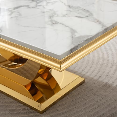 Henf 47" Marble Coffee Table Modern White Faux Marble Center Table with U-Shape Gold Mirrored Base Luxury Rectangular Accent Sofa Table Cocktail Table for Living Room Apartment Henf