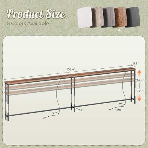 Huuger 102.4 Inch Sofa Table with Power Outlets, 23.9’’-34.4’’ Height Adjustable Range, Behind Couch Table with USB-C Ports, Sofa Tables Narrow Long, Skinny Console Table, Small Spaces, Rustic Brown Huuger